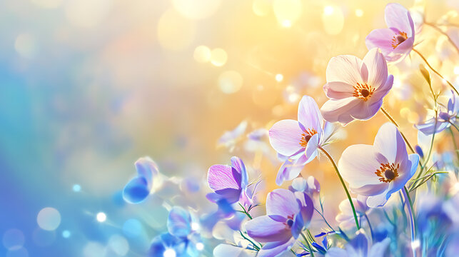 Spring anemones and bluebells evoke sense of serenity and beauty in this blurred background, creating soft, dreamy ambiance