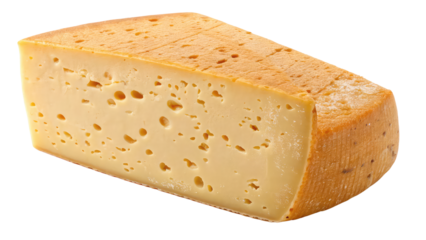 Aged hard cheese wheel with a wedge cut out, displaying its rich texture and deep flavor, perfect for gourmet food photography and dairy product branding on transparent background PNG.