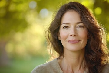 Obraz premium Woman's Serene Smile Outdoors: Happiness, Beauty, Nature, Well-being, Confidence, Positive, Joyful, Contentment, Peaceful, Relaxation