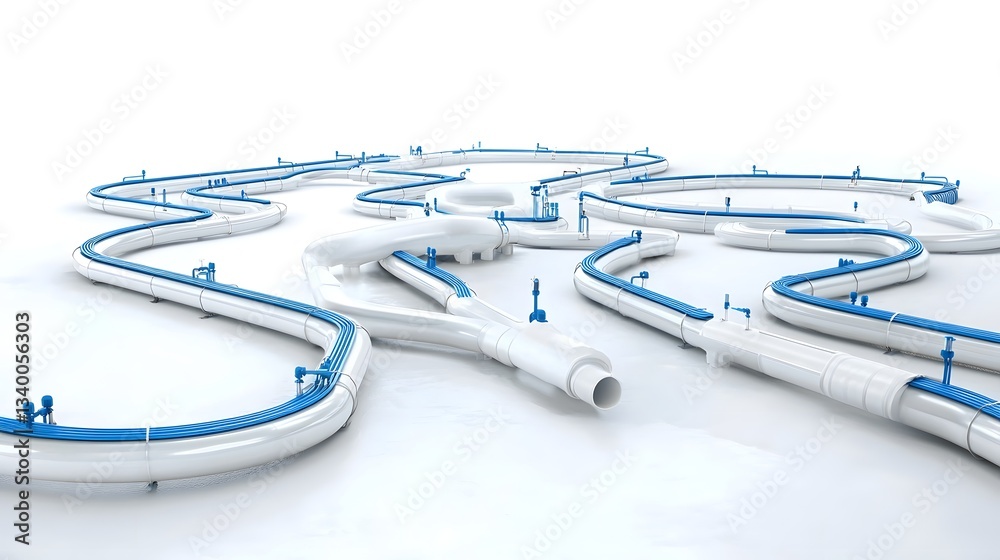 Poster A detailed and intricate water distribution system with intersecting pipes and pipes of varying sizes against a clean bright white background