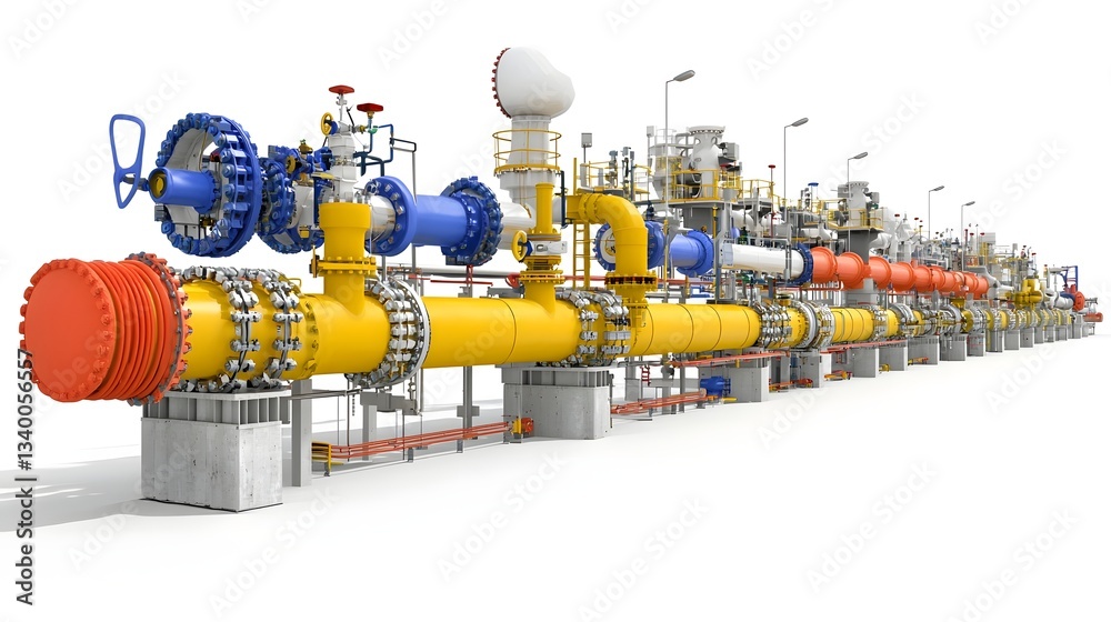 Poster a detailed engineering pipeline system layout featuring various industrial other components against 