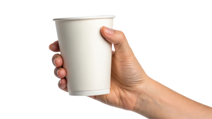 Human hand holding a plain white paper cup, ideal for branding, takeaway coffee concepts, and packaging mockups on transparent background PNG.