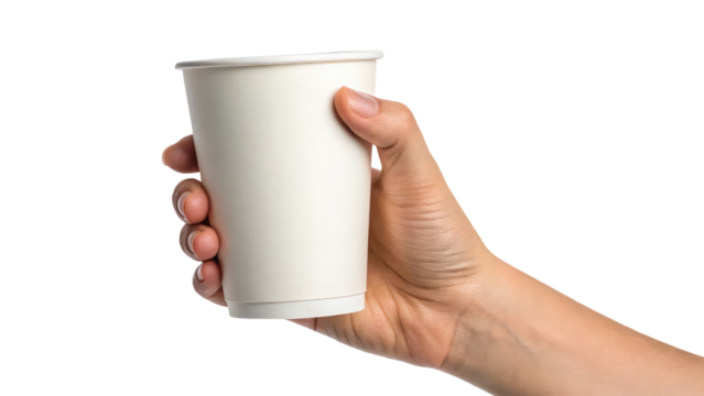 Human hand holding a plain white paper cup, ideal for branding, takeaway coffee concepts, and packaging mockups on transparent background PNG.