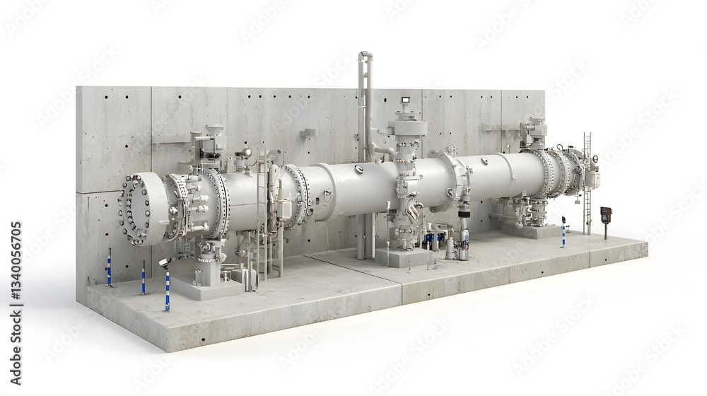 Poster A detailed rendering of a section of an industrial oil pipeline installation with various components and the complex infrastructure behind energy distribution and transportation