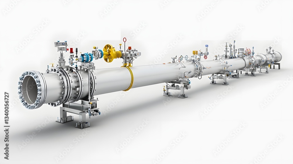 Poster a detailed section view of an industrial oil pipeline system with various valves connectors and equi