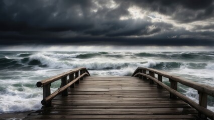 Obraz premium A weathered wooden pier extends across the foreground,