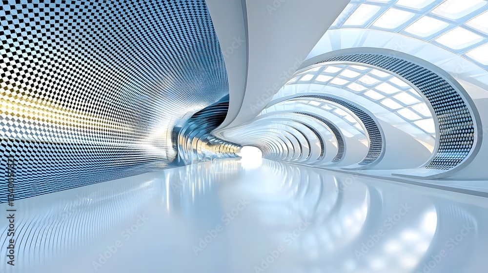 Aufkleber A dynamic symmetrical architectural corridor with a futuristic minimalist aesthetic featuring reflective carbon fiber surfaces and a geometric abstract visual pattern