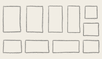 Hand drawn scalloped frame set. Chalk scribble wavy pencil texture doodle curly borders collection. Different sizes: wedding invitation, greeting card, postcard design. Vintage vector illustration