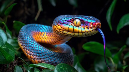 Obraz premium Ferocious Sunbeam Snake shimmering with an iridescent rainbow sheen as it slithers through the dense jungle