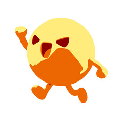 A determined yellow circular character with furrowed brows, a wide grin showing a pink tongue, blushing cheeks, and clenched fists, running with one leg lifted and arms raised, casting a shadow below.