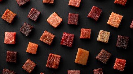 Assorted colorful gourmet meat cubes on a dark background