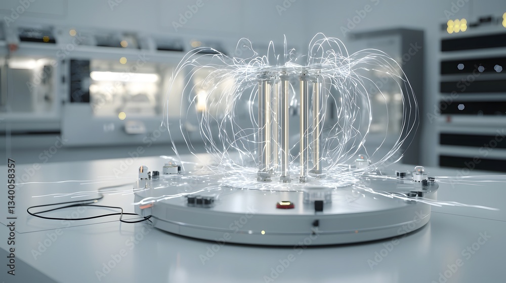 Poster a futuristic high tech laboratory setup with a glowing spherical device emitting ethereal energy fie