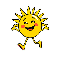 This image depicts a cheerful sun emoji in motion, with a bright yellow face, smiling expression, and rosy cheeks. The sun's rays are stylized as triangular points radiating outwards