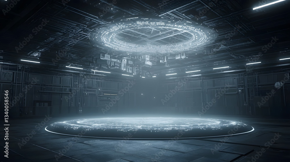 Poster A futuristic scene depicting a glowing shimmering force field enveloping a mysterious levitating orb like object in a dark atmospheric environment