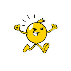 This image depicts a dynamic yellow emoji character in mid-stride, suggesting a run or a fast walk. The emoji has a small tuft of hair on its head and a determined expression with a wide smile