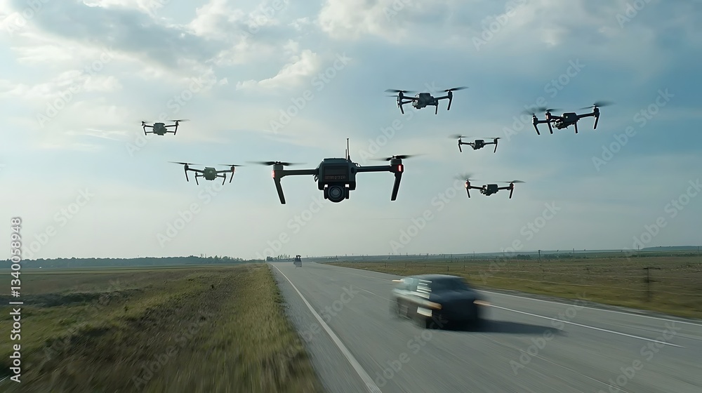 Poster a group of unmanned aerial vehicles drones hovering in the sky above a rural road with a car passing