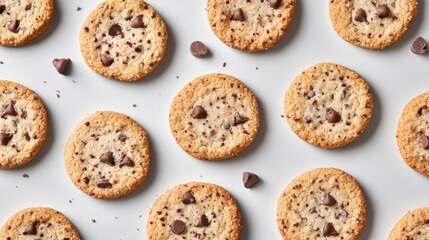 Delicious chocolate chip cookies arranged on a white background
