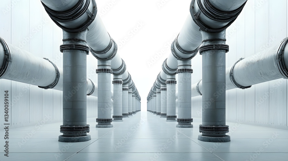 Poster a high angle view of a series of large cylindrical metal pipes stretching into the distance against 