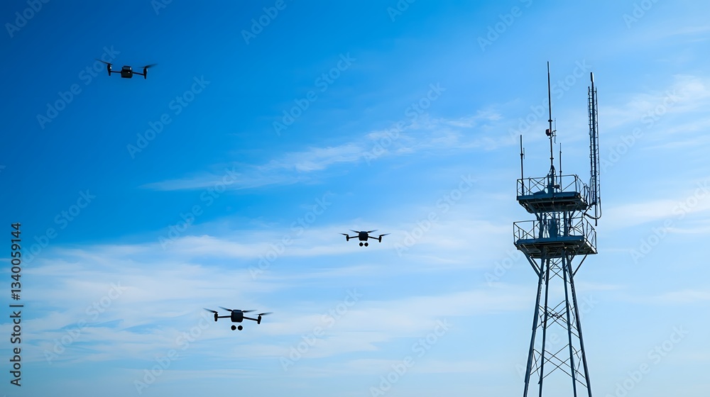 Fototapete A high tech communication tower equipped with radar and sensors monitoring the sky for unauthorized drone activity and other unidentified aerial vehicles