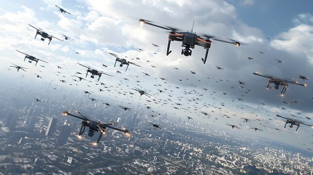 A large swarm of autonomous drones flying in formation over a modern densely populated urban landscape against a cloudy sky