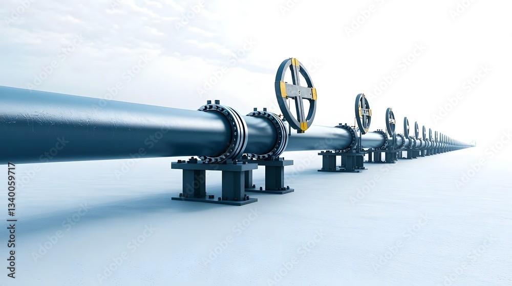 Poster a long row of metallic oil pipeline fittings and valves stretching out into the horizon representing