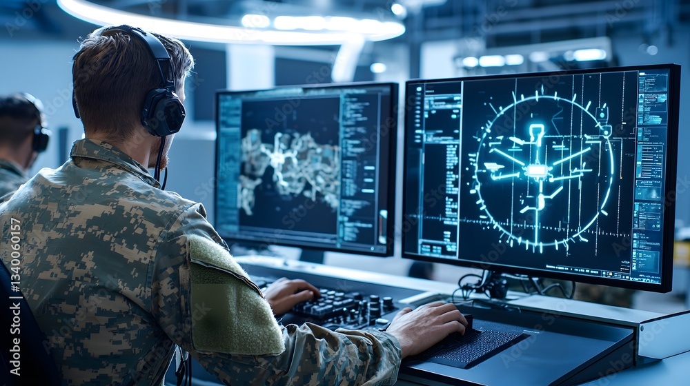 Leinwandbilder A military officer in uniform uses an advanced digital console to monitor and defend against drone threats with multiple screens displaying radar data and tracking information