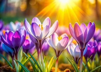 Fototapeta premium Drone View: Close-Up Spring Crocus Flowers in Sunny Garden