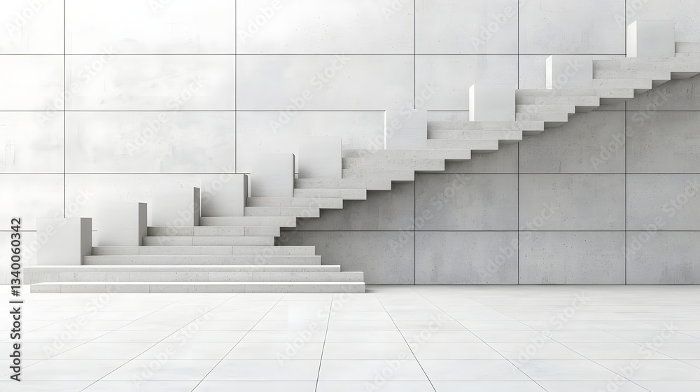 Poster A minimalist architectural composition featuring a series of stairs ascending against a stark white background creating a sense of progression and ascent