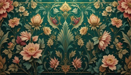 Art Nouveau Floral Design, Emerald and Gold Motifs, Digital Illustration, Elegant Aesthetic