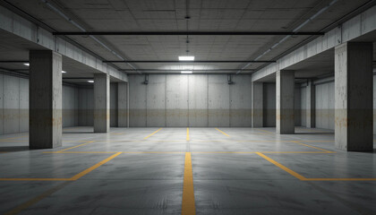 The basement room on the bottom floor of the building's parking lot is empty in an industrial cast concrete style. Abstract modern minimal background