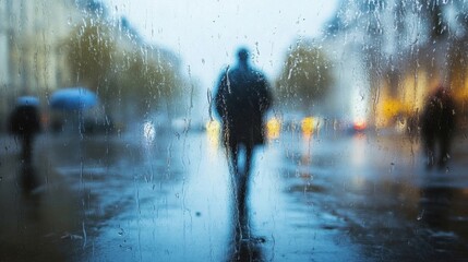 Obraz premium A Silhouetted Figure Walks Along A Wet City Street In Rain