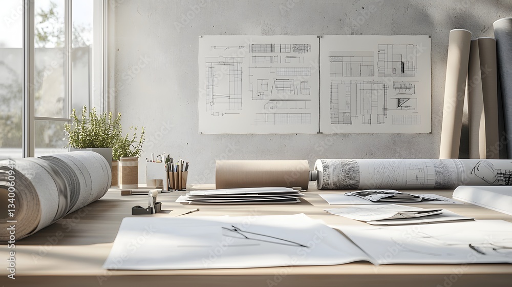Poster A minimalistic fashion design studio filled with architectural blueprints rolls of fabric and creative concept sketches showcasing the planning and behind the design process