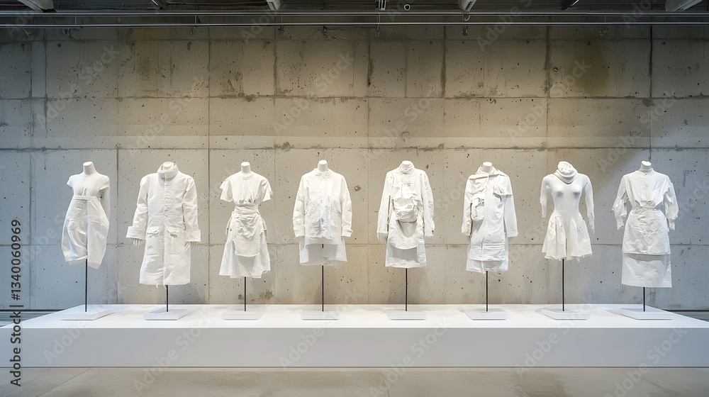 Aufkleber A minimalist symmetrical display of distinctive contemporary fashion designs showcased on abstract mannequin forms in a gallery like setting
