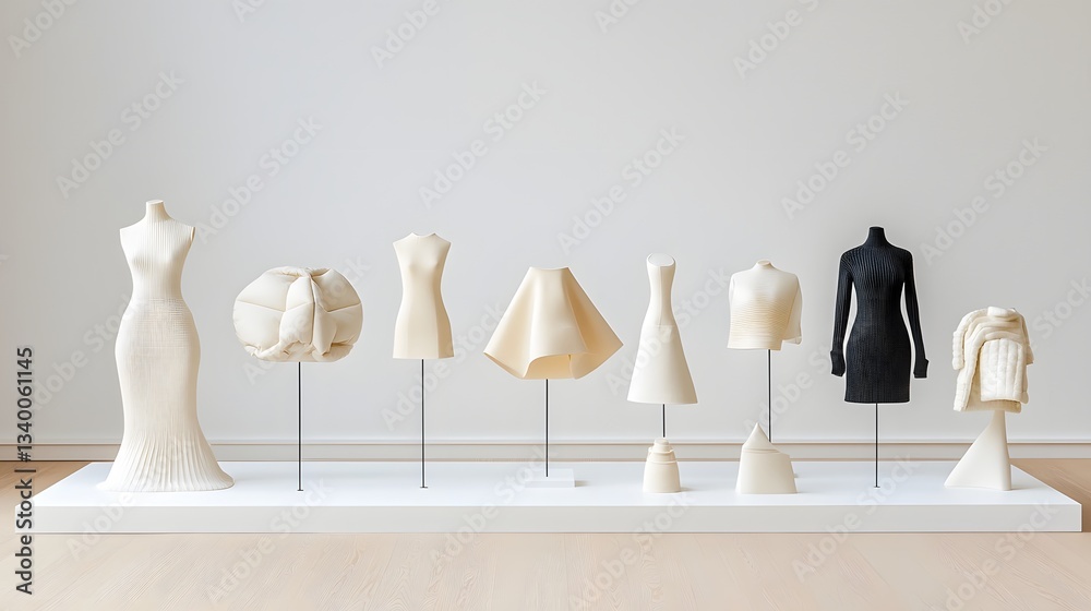 Poster A minimalist white display showcasing various experimental garment forms and shapes creating an and conceptual fashion exhibit