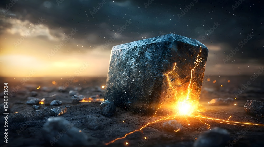 Aufkleber A mysterious glowing rock like object emitting an intense energy field and altering the surrounding magnetic forces in a dramatic otherworldly scene