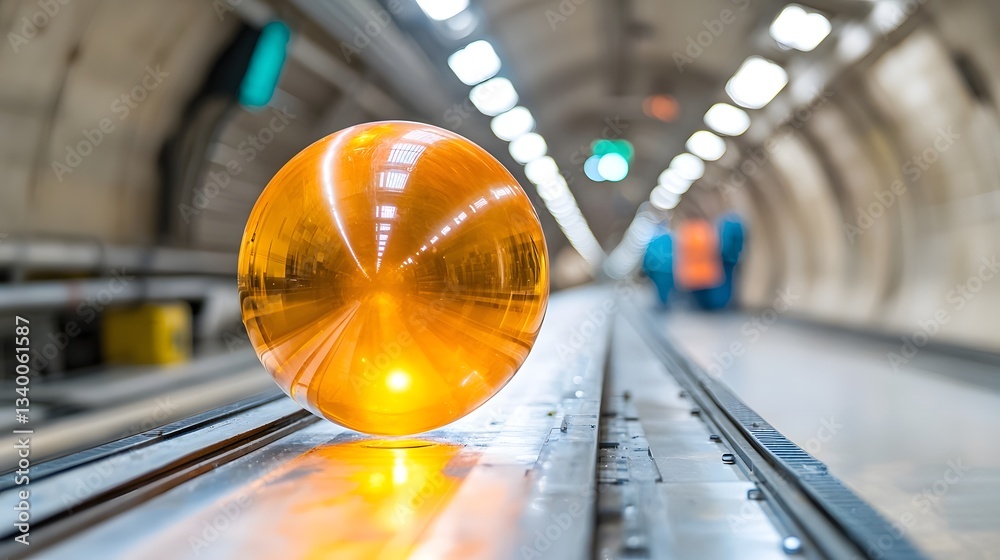Poster a mysterious luminous orange sphere hovers in mid air within a sleek minimalist underground tunnel c
