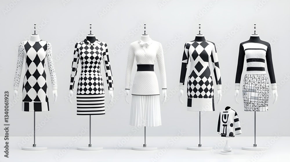 Aufkleber A photo showcasing a collection of avant garde fashion garments with striking geometric patterns contrasting textures and a monochromatic color palette