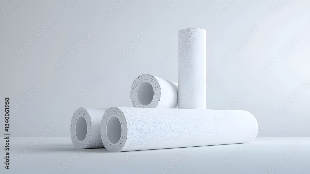 Poster a photo showcasing several cylindrical thermal insulation pipes or tubes in a minimalistic clean whi