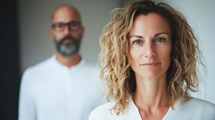 Woman with curly blonde hair in a white top posing for a professional portrait in an office setting