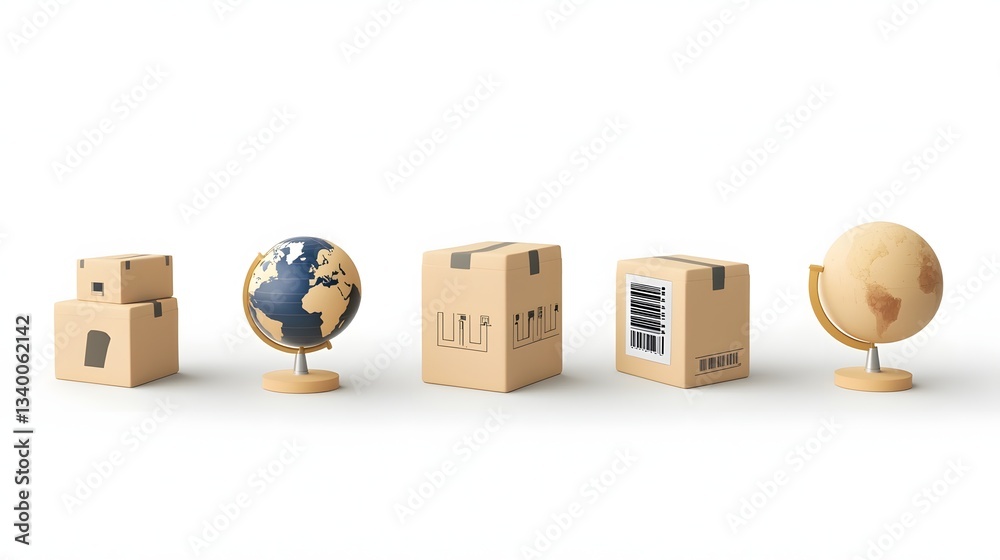 Poster a row of iconic logistics symbols including shipping boxes a globe and barcodes representing the int