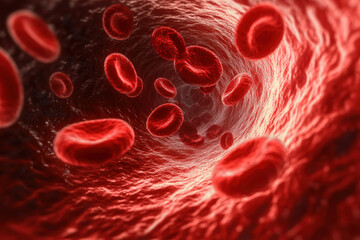 Fototapeta premium Red blood cells flow in human veins. Digital visualization of red blood cells flowing through an artery.