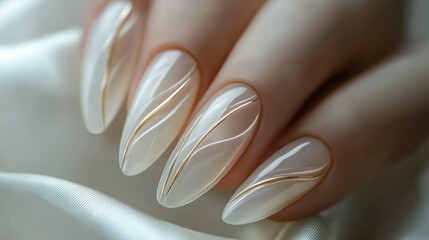 Elegant, cream-colored nails with gold details on satin
