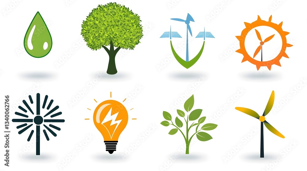 Poster A set of simple modern icons representing various elements of environmental sustainability such as renewable energy nature conservation and eco friendly design