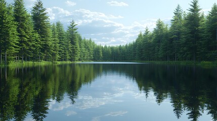 Peaceful lake enveloped by towering trees creating a serene natural retreat in the heart of a dense pine forest
