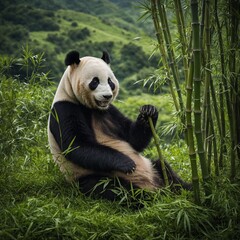 Obraz premium A panda enjoying bamboo in a lush green valley.