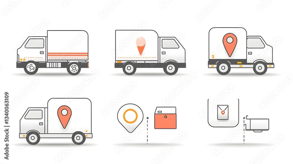 Aufkleber A set of six simple and minimalist icons representing various aspects of delivery services including a delivery truck package and location pin symbols