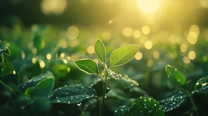 A young plant covered in dew, shining bright in the sun. It's perfect to represent growth, nature, and a fresh start.