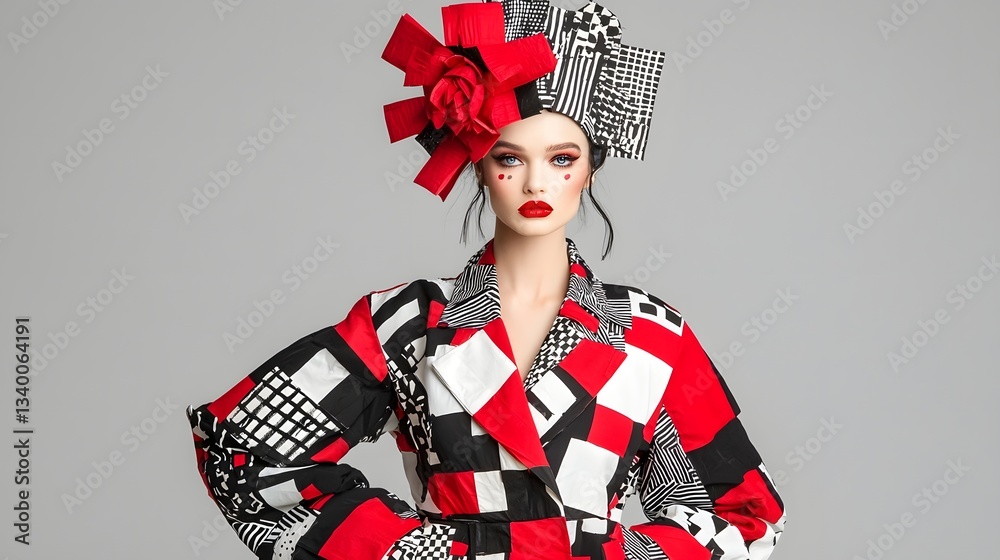 Poster a striking avant garde fashion design featuring bold geometric patterns dramatic colors and an elabo