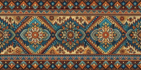 Earth Tones Botanical Ogee Pattern: Trendy Ethnic Textile Design, Colorful Brown Blue Dyed Fabric Illustration
