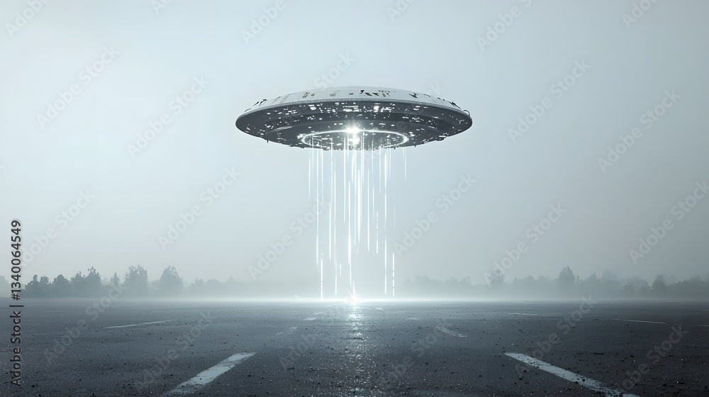 Poster A surreal visualization of an unidentified flying object hovering above a mysterious magnetic field on a plain white background evoking a sense of wonder and the unknown